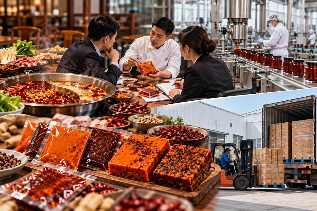 重庆火锅底料批发采购与供货场景 重庆火锅底料批发采购中的产品试样、工厂生产与仓储发货场景
