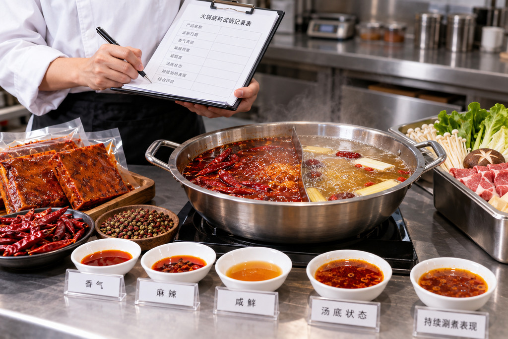 餐饮采购人员使用统一锅具和计量工具进行火锅底料试锅，并记录汤底颜色及加热后的状态