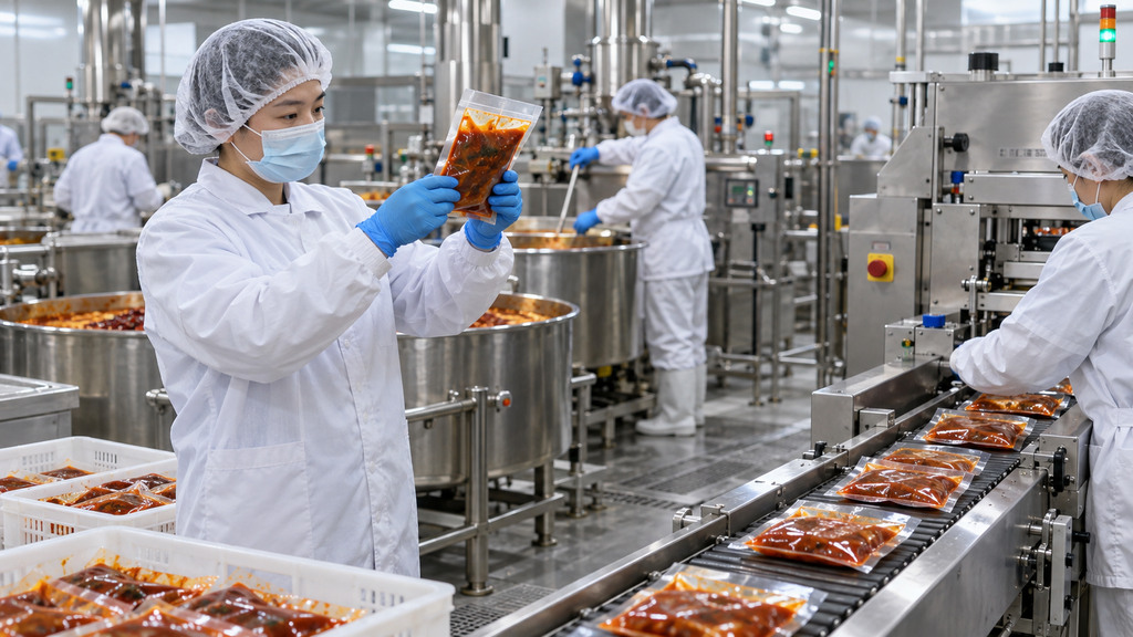 食品生产车间内工作人员查看火锅底料生产设备和包装作业情况