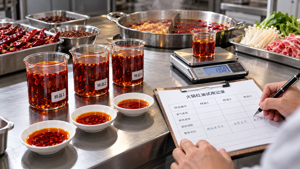 餐饮后厨工作台上摆放无品牌透明火锅红油试样、火锅底料、称量工具和试用记录单的示意画面