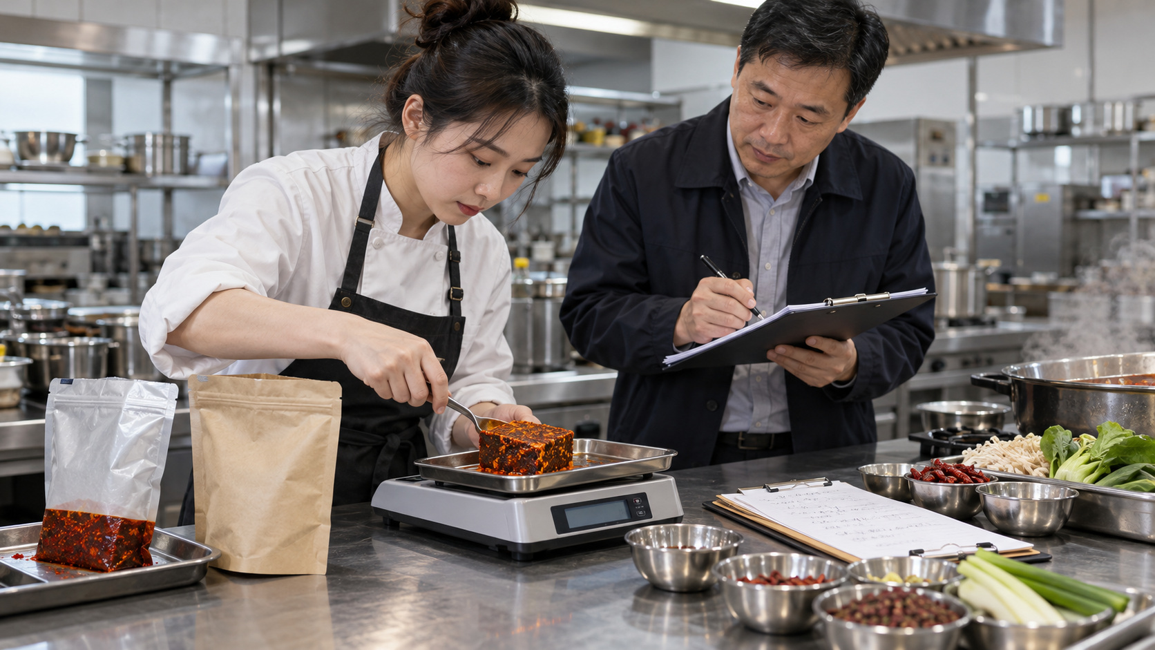 不同规格无标识火锅底料样品放在电子秤上称重,后厨记录实际单锅投料重量的示意画面