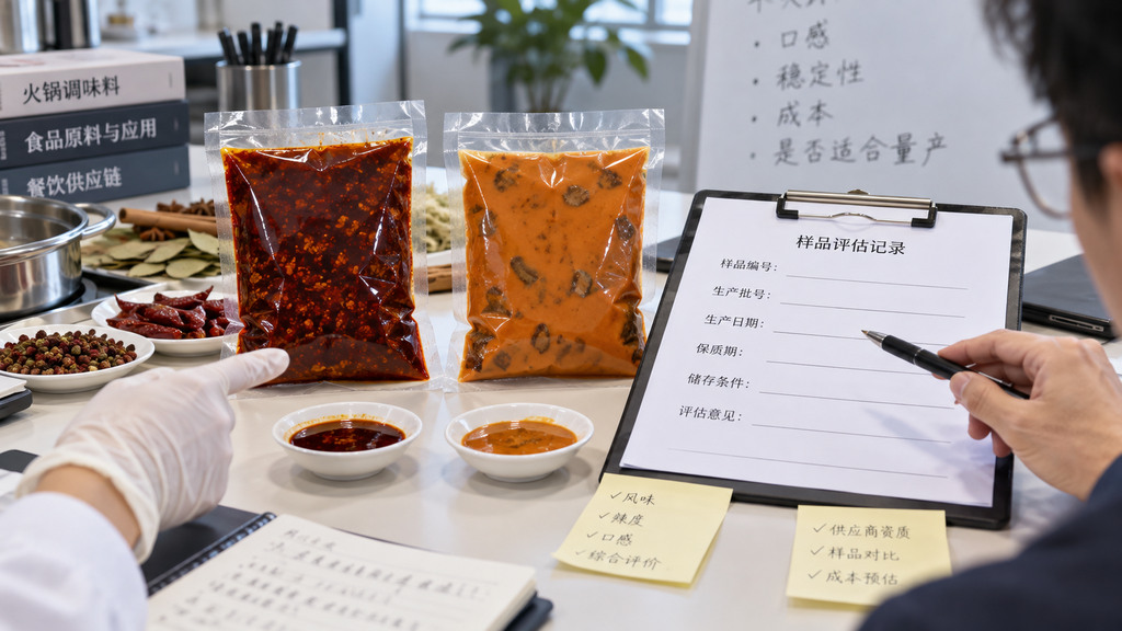 火锅底料完整包装样品并排摆放,旁边记录产品批次、有效期、保存状态及品牌确认意见
