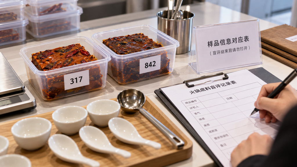 火锅底料盲评准备台上摆放编号317和842的无品牌样品容器,旁边有电子秤、称量勺及单独保存的样品版本对应记录