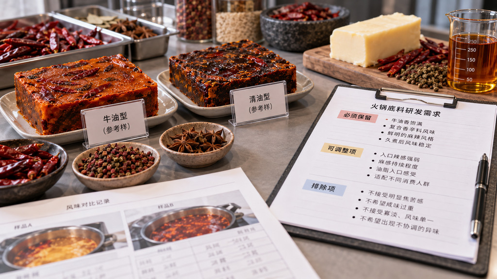 无品牌牛油火锅底料、清油火锅底料与辣椒花椒原料分别陈列，旁边的研发记录卡标注核心香型、麻辣层次及需要保留的风味特点