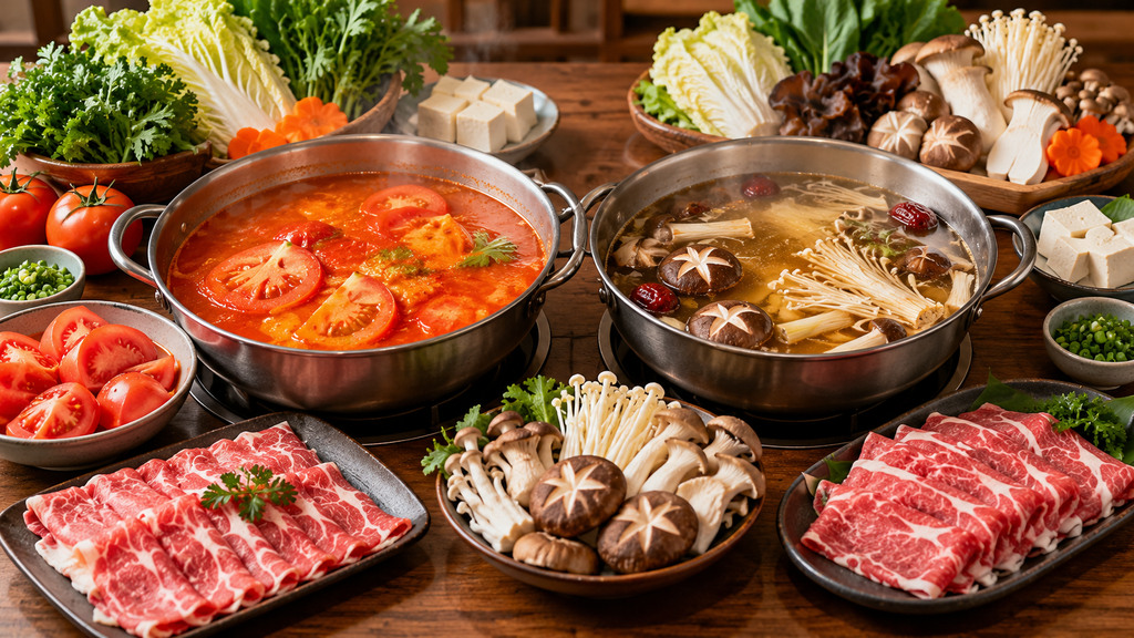 番茄汤底与菌汤汤底并列展示,搭配牛肉、菌菇和蔬菜,用于比较不同清汤风味与涮煮食材的适配性