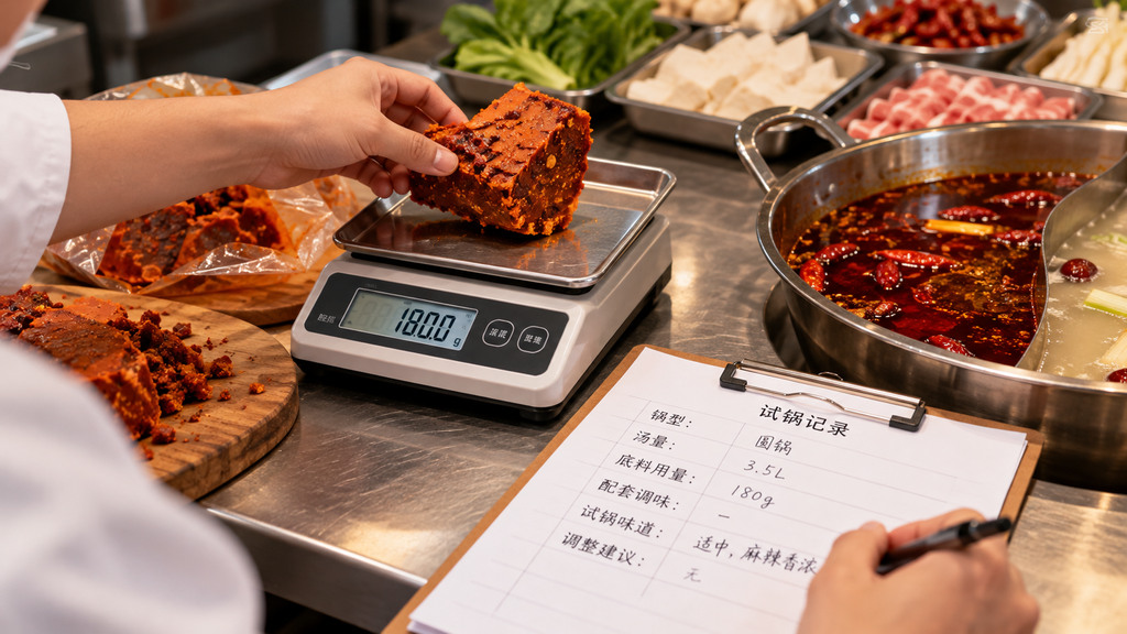 火锅底料单锅用量核算示意:电子秤称量无品牌包装的底料,旁边放置火锅锅具和用量记录表