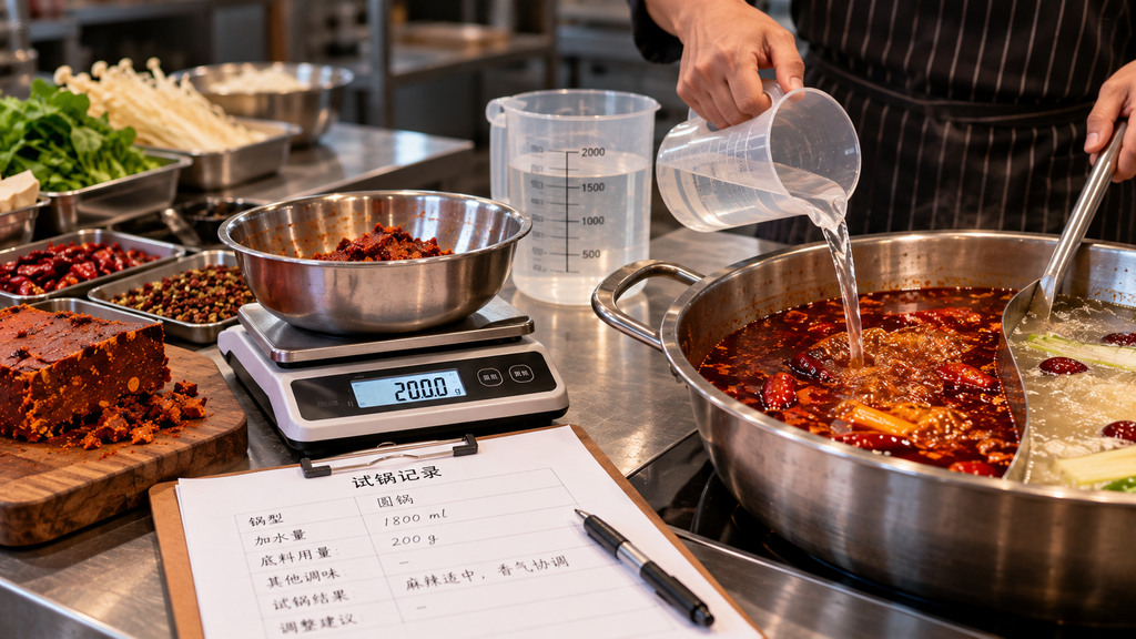 餐饮后厨试锅人员使用电子秤称量火锅底料,并记录锅型、汤水量和试锅口味的操作示意