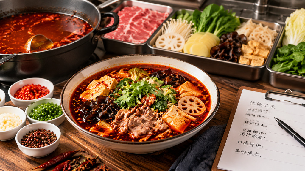 冒菜试做中不同荤素食材与麻辣汤汁的搭配及成菜状态对比