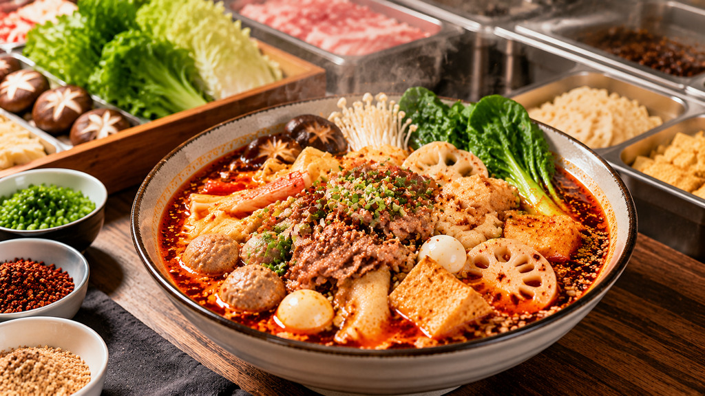 一碗红油麻辣烫搭配肉类、豆制品、菌菇和绿叶蔬菜,展示汤底与多种食材的组合状态