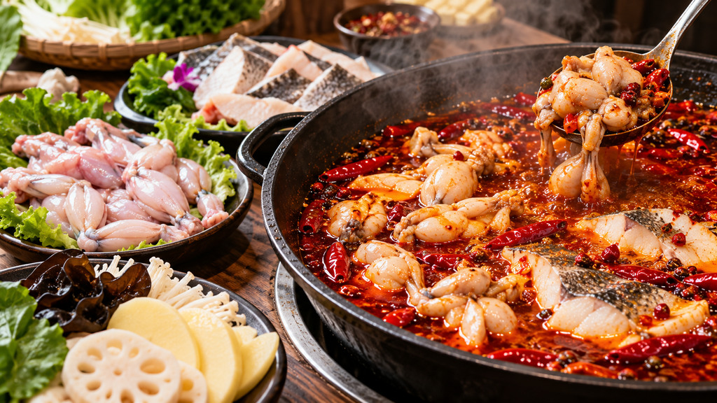 美蛙鱼锅底搭配蛙肉、鱼肉和荤菜食材,展示红油汤汁与不同食材搭配的示意场景