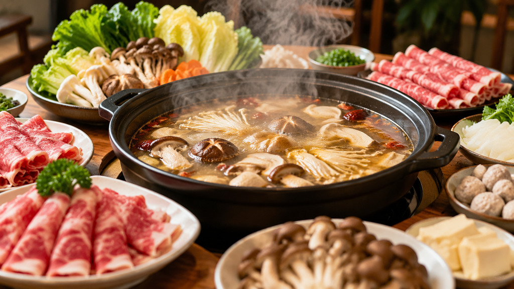 菌汤火锅中菌菇、蔬菜和肉类食材搭配的示意场景