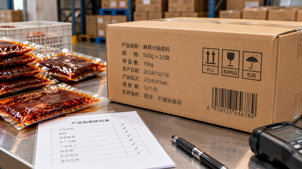 无品牌火锅底料运输纸箱与独立袋装产品摆放在一起,旁边展示产品规格、批次和装箱数量核对标签的示意场景
