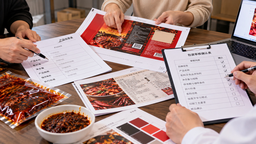 火锅底料贴牌包装审核示意场景,桌面上并排放置产品信息表、彩色包装设计稿、标签校对样张和签字确认清单