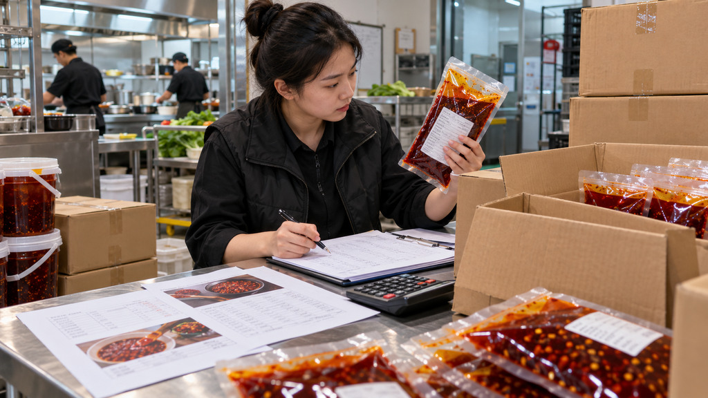 餐饮采购人员核对牛油火锅红油产品规格、包装数量和门店用量记录的示意场景
