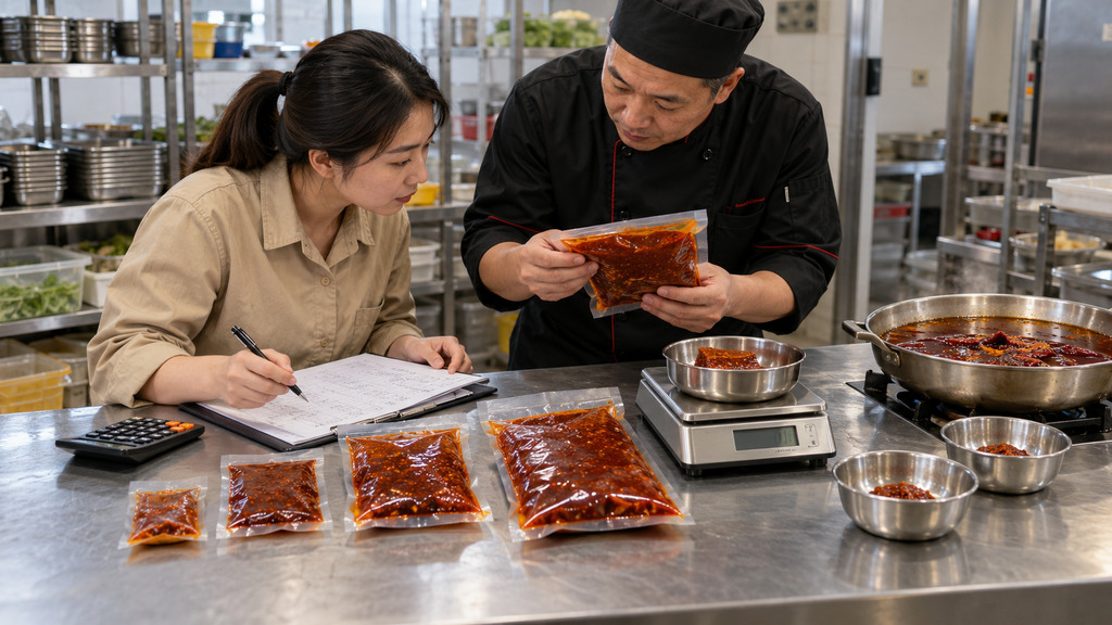 不同包装规格的火锅底料与门店单锅用量记录放在一起核对的示意场景