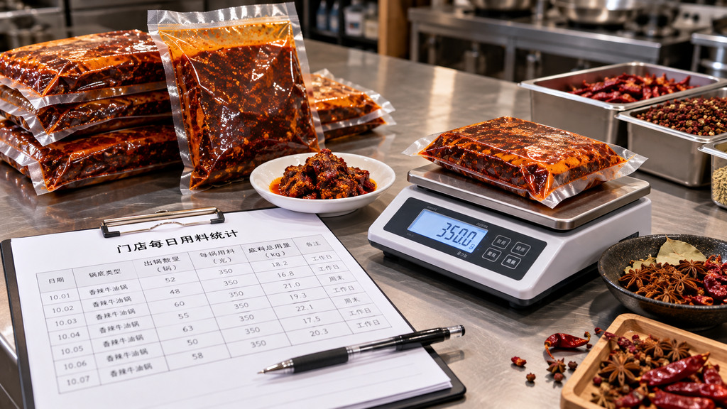 不同规格的香辣牛油火锅底料包装、电子秤和门店每日用料统计表摆放在工作台上的示意场景