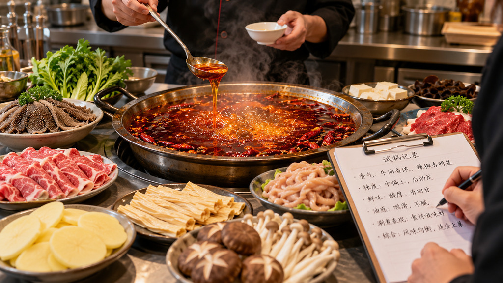 麻辣牛油火锅底料试锅场景,红亮牛油锅底搭配毛肚、鸭肠、牛肉等涮菜,现场记录锅底香气与麻辣口感
