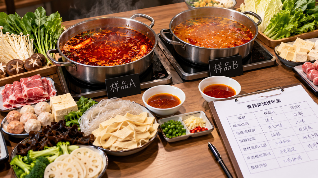 麻辣烫试样对比场景，两组汤底分别搭配粉条、豆皮、菌菇和蔬菜，旁边放有配汤用量记录表