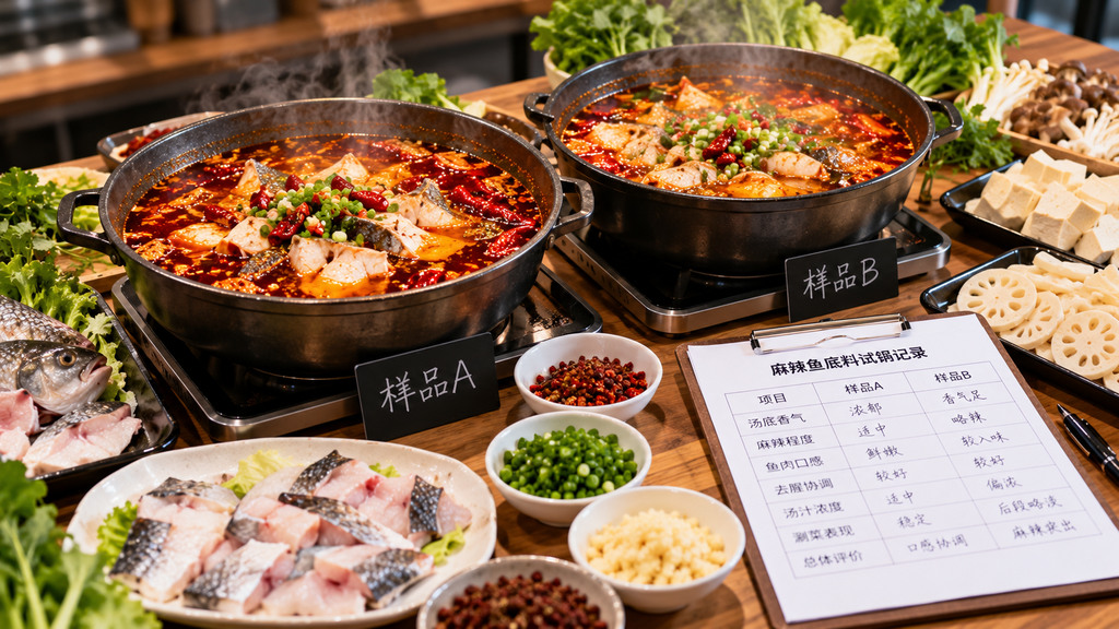 麻辣鱼底料试锅对比示意场景,两锅麻辣鱼汤分别搭配鱼块与豆腐、菌菇等配菜,用于观察鱼肉入味和汤汁变化