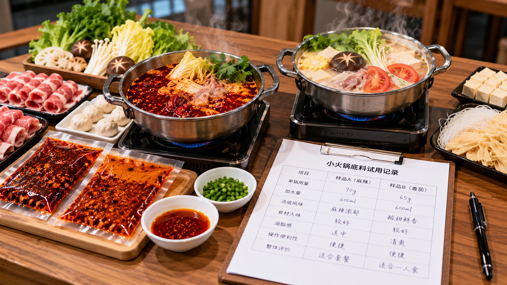 小火锅底料试用示意场景，两只不同味型的单人小火锅搭配肥牛、豆腐、菌菇和蔬菜，旁边摆放定量底料与小锅配汤记录