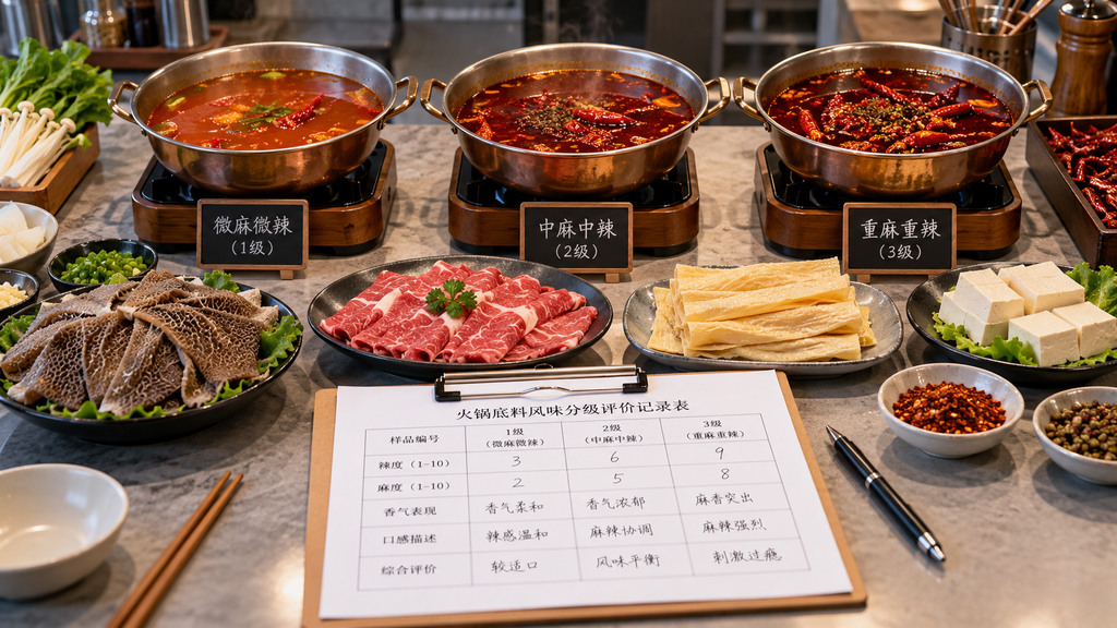 火锅底料风味分级试样示意场景，三只小型火锅分别盛放不同麻辣程度的红汤锅底，旁边摆放毛肚、牛肉、豆制品和麻辣度评价记录表