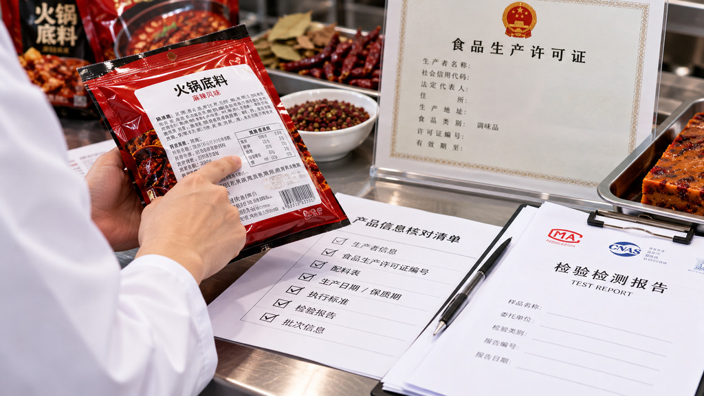 食品品控人员在办公台上对照火锅底料样品包装、批次记录和纸质检验报告，检查产品名称及检测项目