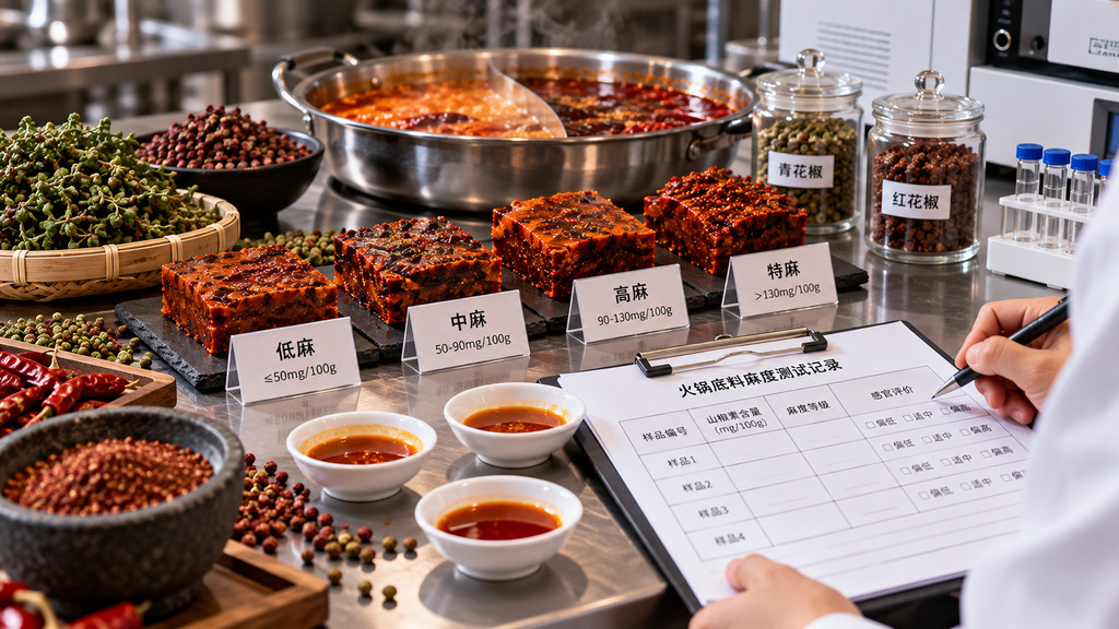 餐饮产品人员在厨房使用统一锅具试煮不同麻度的红油火锅底料,操作台上摆放花椒、计量工具和口味评价记录表