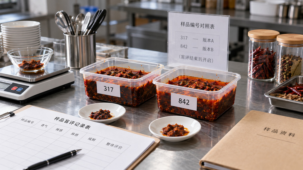 两口编号不同的火锅底料试锅在独立电磁炉上加热,前景摆放独立品尝碗、计时器与盲评记录纸,展示相同条件下的风味比较