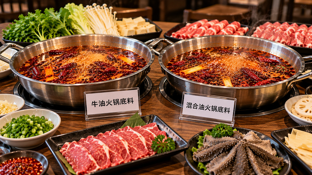 试味桌上分别摆放两组涮熟的牛肉、豆皮和藕片,观察牛油火锅底料与混合油底料的食材挂油和入口口感差异