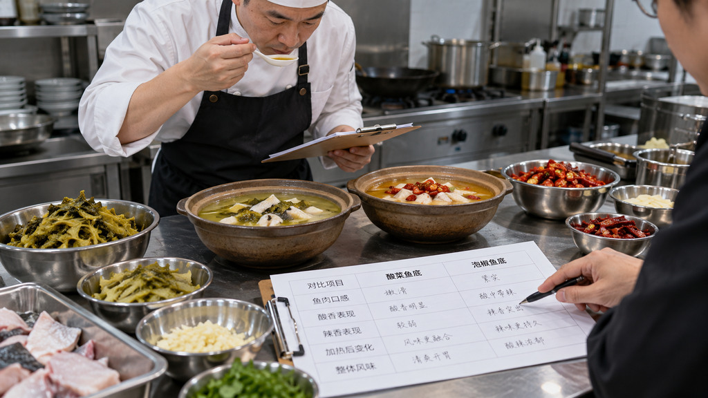 后厨试锅时对照记录鱼肉口感、汤底酸香、泡椒香气和加热后风味变化的示意场景