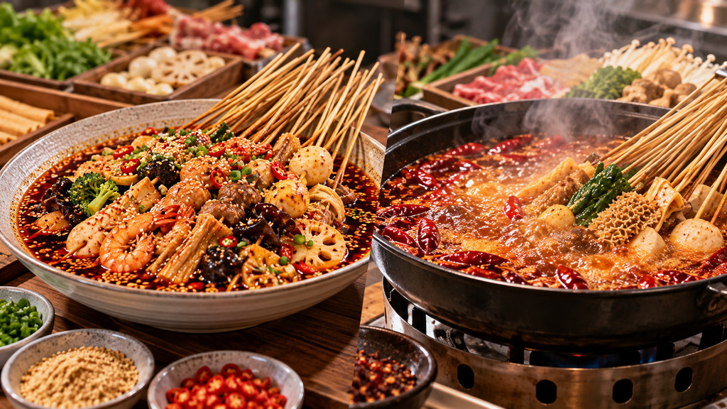 后厨试用串串香底料时,分别检查熟制串串的红油挂味与热锅串串持续涮煮后的汤底状态的示意场景