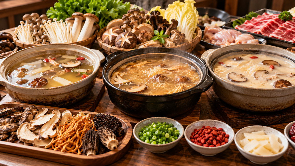 无品牌菌汤底料样品、透明包装袋、电子秤及汤锅摆放在餐饮研发操作台上的示意场景