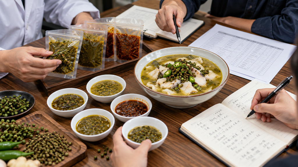 青花椒鱼底料参考样品、成品汤汁与风味需求记录表摆放在一起的研发沟通示意场景